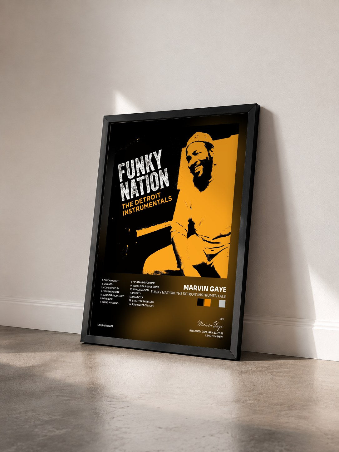 #noir Tableau de l'album Funky Nation: The Detroit Instrumentals de Marvin Gaye vu de trois quarts, cadre noir
