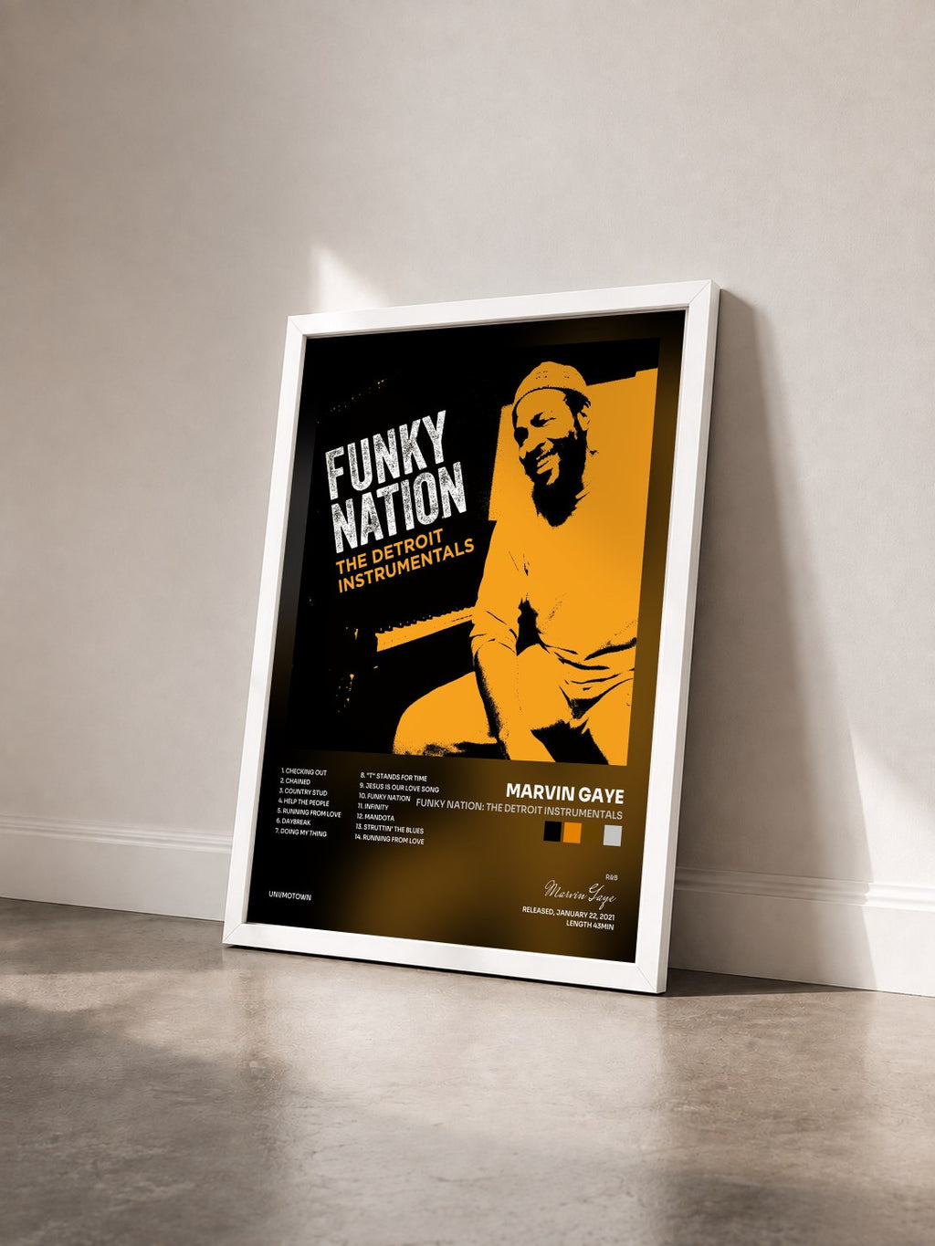 #blanc Funky Nation: The Detroit Instrumentals by Marvin Gaye as a framed art print seen at an angle, white frame