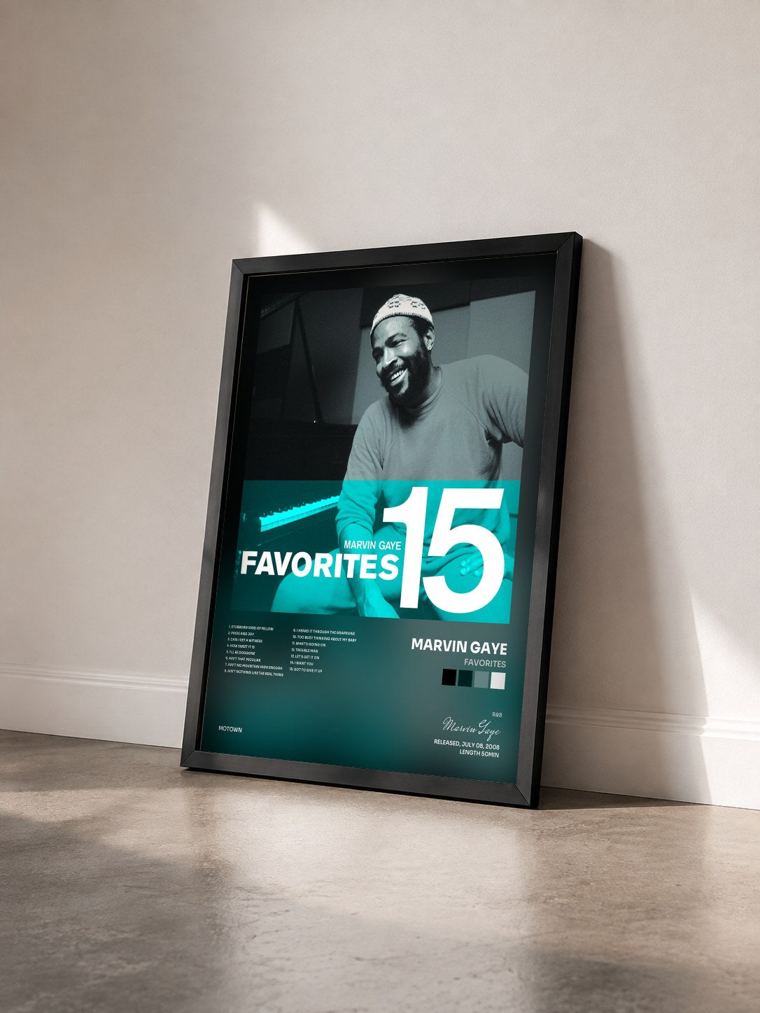 #noir Tableau de l'album Favorites de Marvin Gaye vu de trois quarts, cadre noir