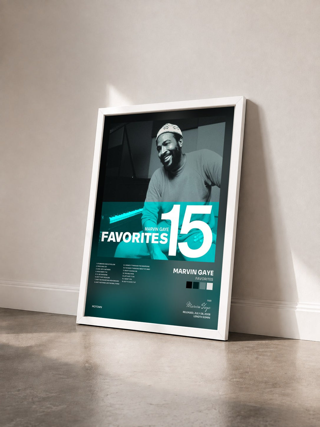 #blanc Favorites de Marvin Gaye en lámina enmarcada vista de tres cuartos, marco blanco