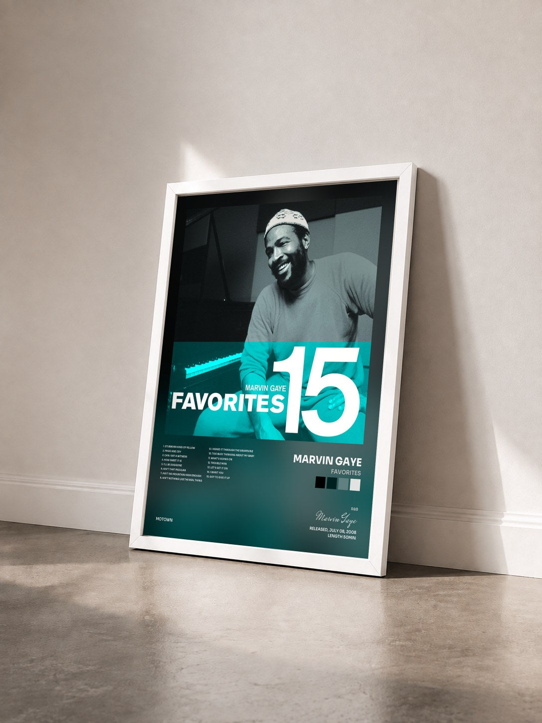 #blanc Tableau de l'album Favorites de Marvin Gaye vu de trois quarts, cadre blanc
