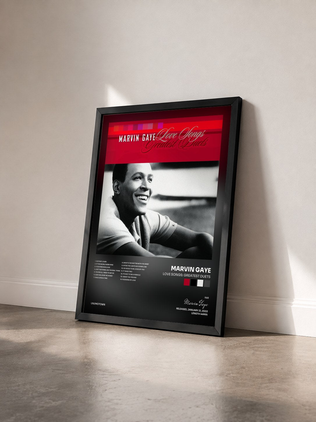 #noir Tableau de l'album Love Songs: Greatest Duets de Marvin Gaye vu de trois quarts, cadre noir