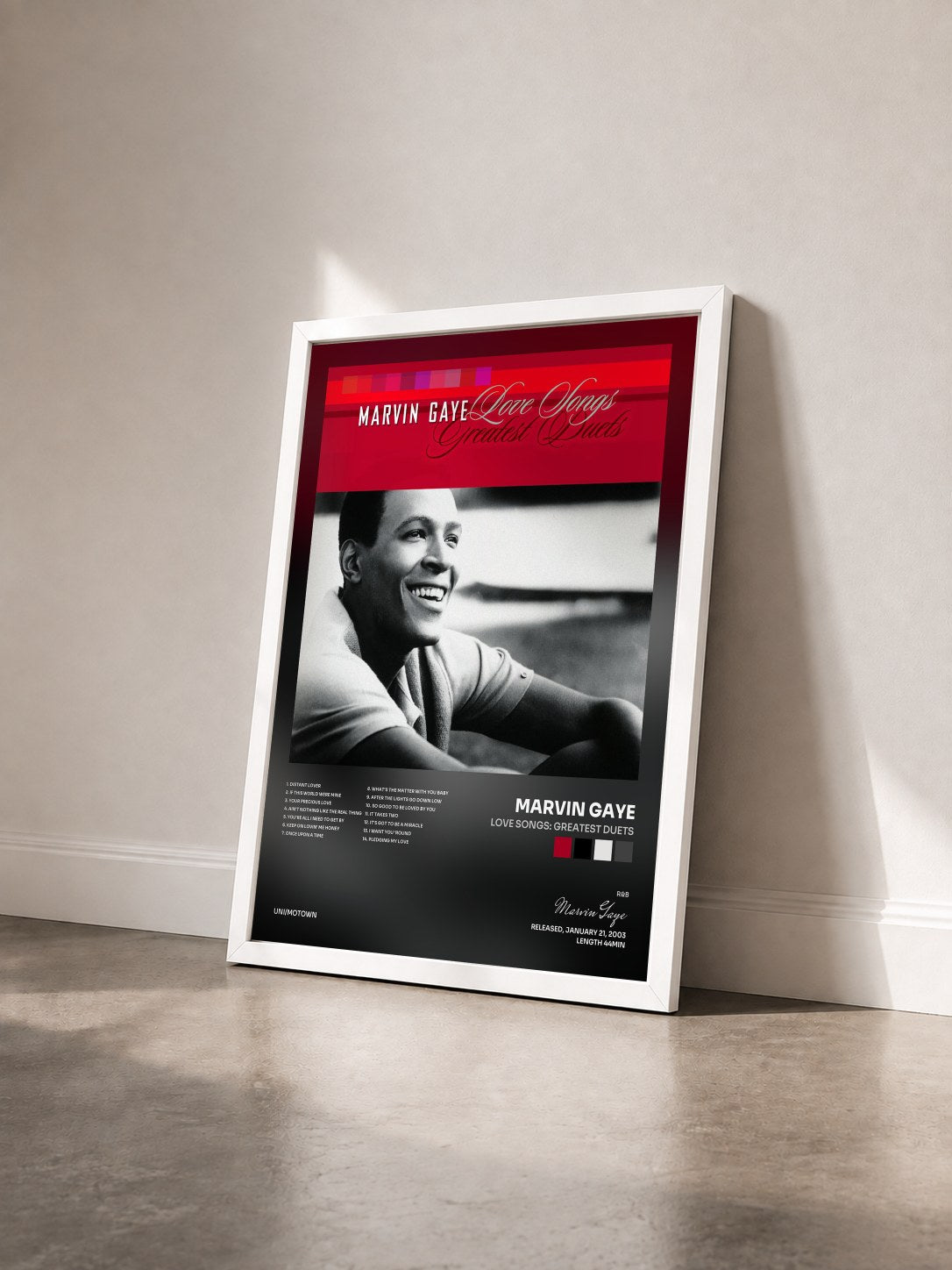 #blanc Tableau de l'album Love Songs: Greatest Duets de Marvin Gaye vu de trois quarts, cadre blanc