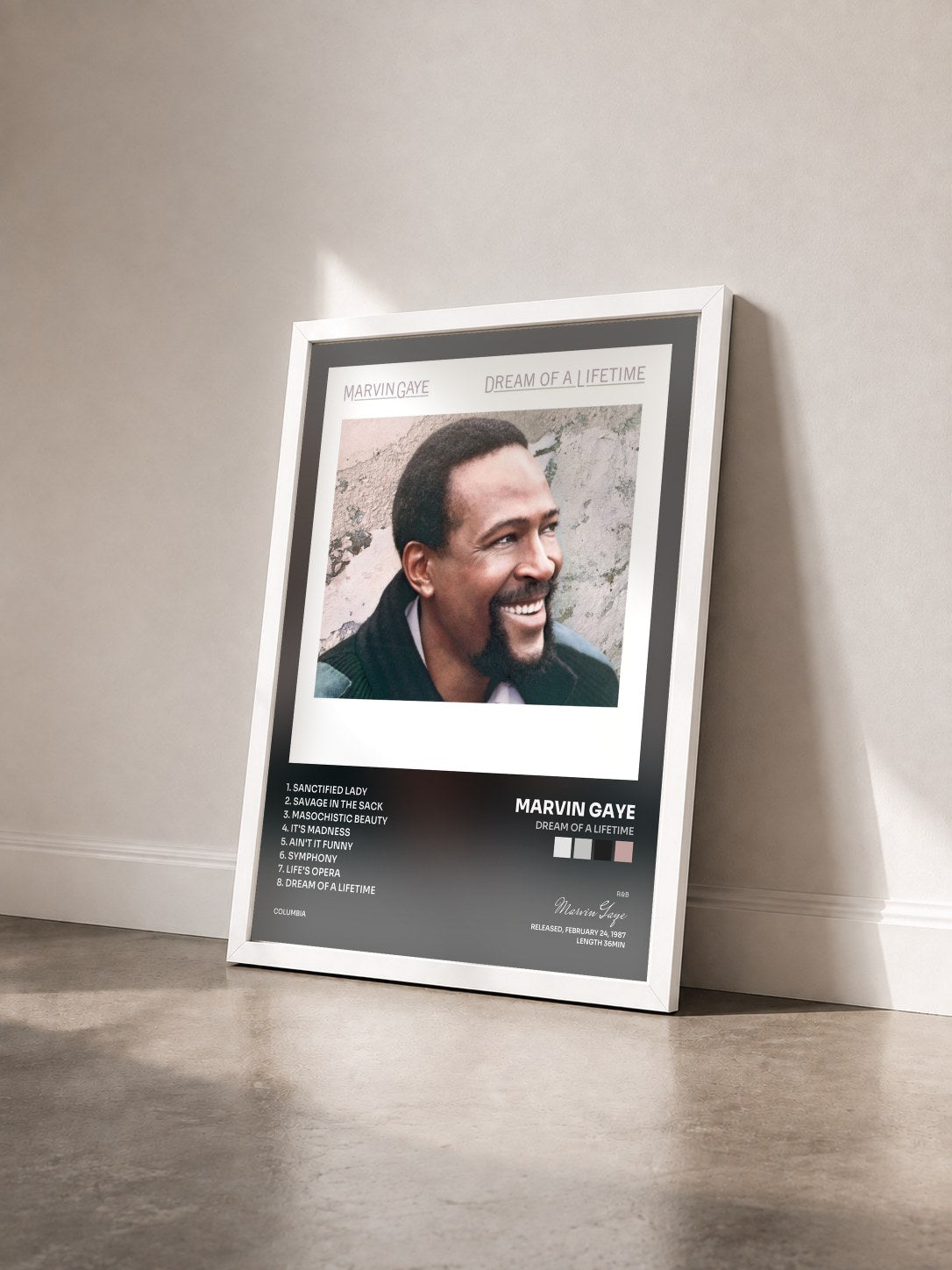 #blanc Tableau de l'album Dream Of A Lifetime de Marvin Gaye vu de trois quarts, cadre blanc