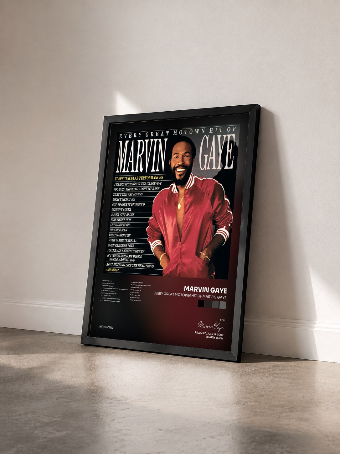#noir Tableau de l'album Every Great Motown Hit Of Marvin Gaye de Marvin Gaye vu de trois quarts, cadre noir