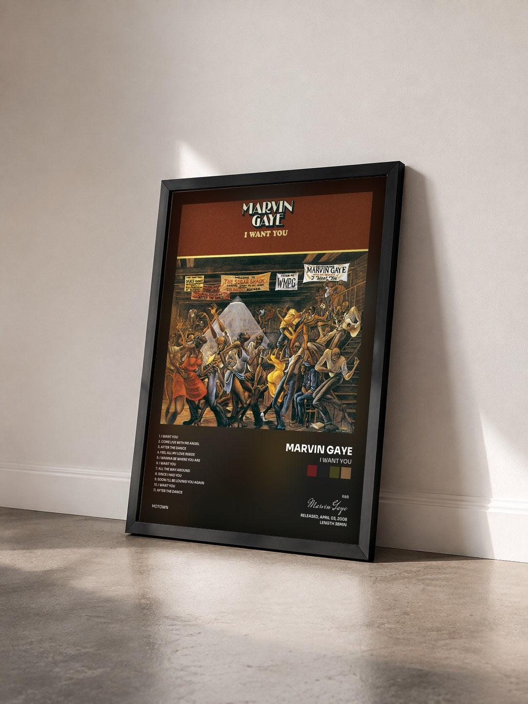 #noir Tableau de l'album I Want You de Marvin Gaye vu de trois quarts, cadre noir
