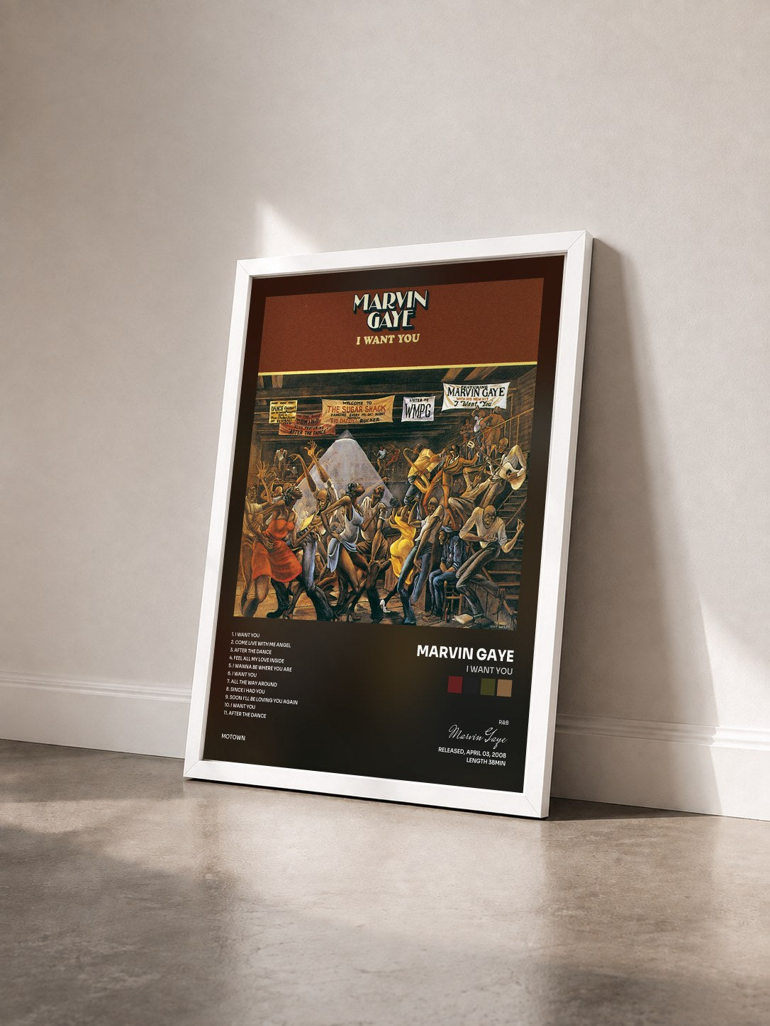#blanc Tableau de l'album I Want You de Marvin Gaye vu de trois quarts, cadre blanc