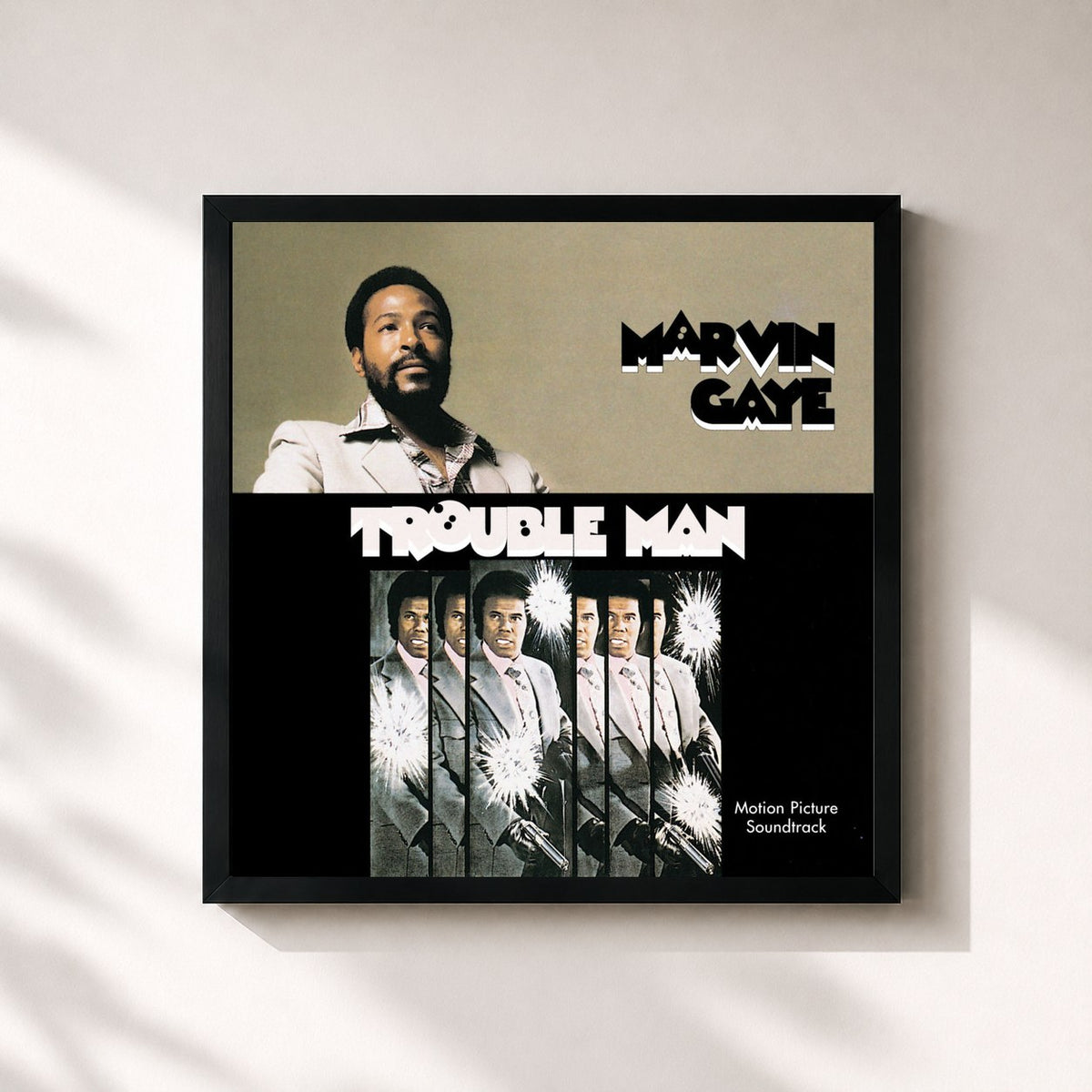 #noir Tableau carré de l'album Trouble Man de Marvin Gaye, cadre noir 32x32 cm