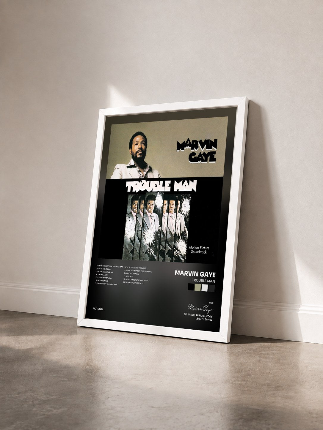 #blanc Tableau de l'album Trouble Man de Marvin Gaye vu de trois quarts, cadre blanc