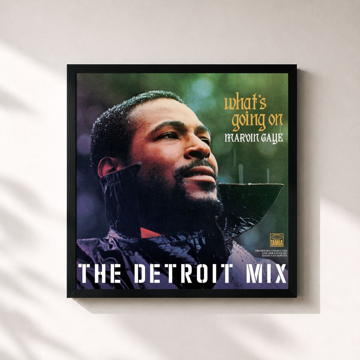 #noir Tableau carré de l'album What’s Going On: The Detroit Mix de Marvin Gaye, cadre noir 32x32 cm