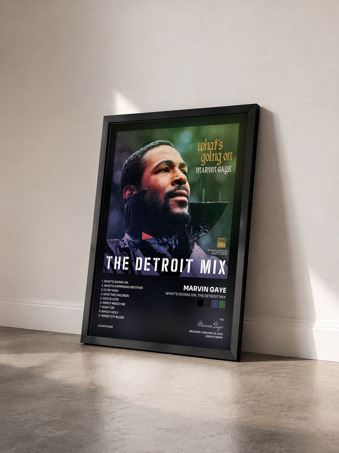 #noir Tableau de l'album What’s Going On: The Detroit Mix de Marvin Gaye vu de trois quarts, cadre noir