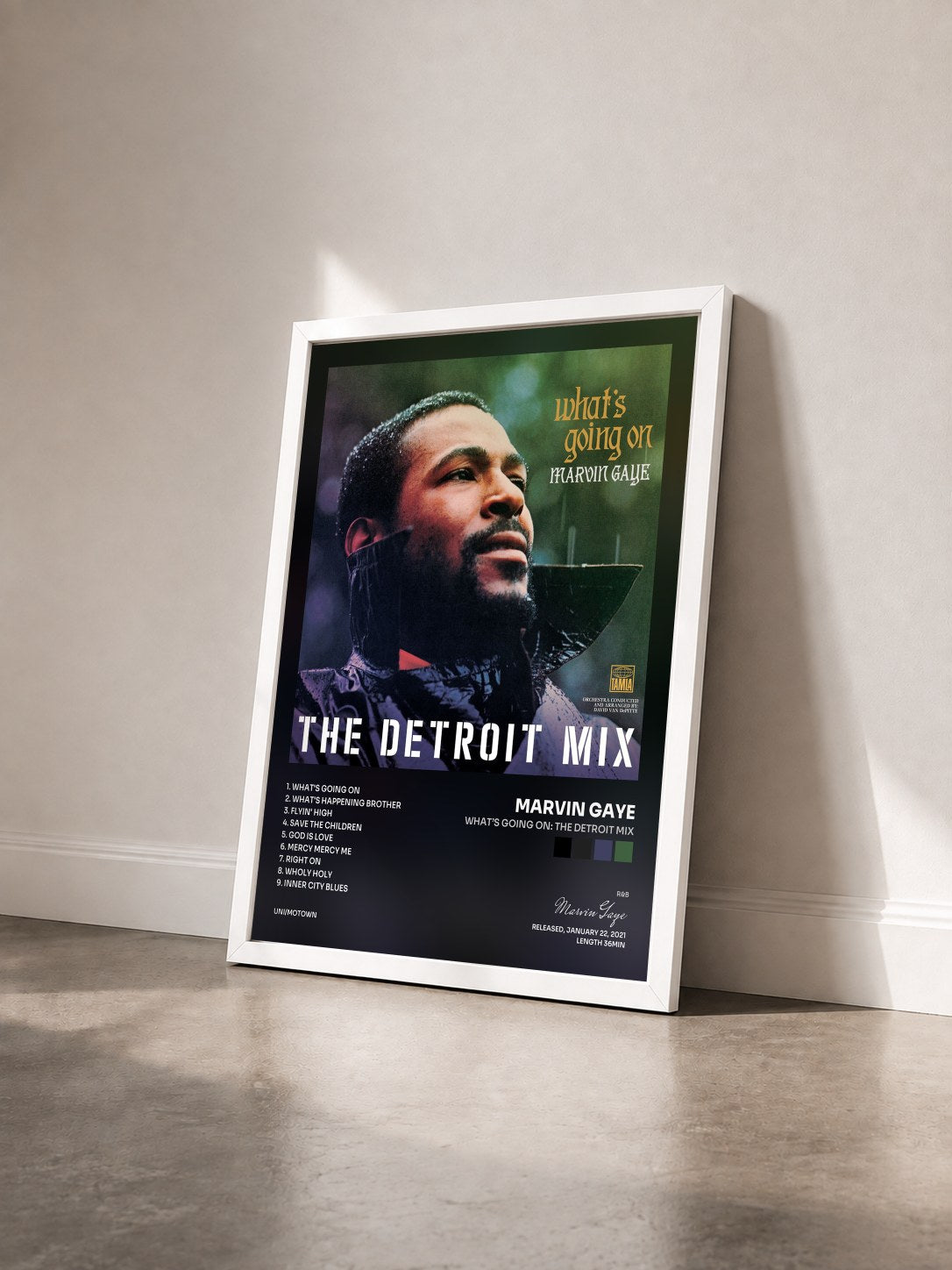 #blanc Tableau de l'album What’s Going On: The Detroit Mix de Marvin Gaye vu de trois quarts, cadre blanc