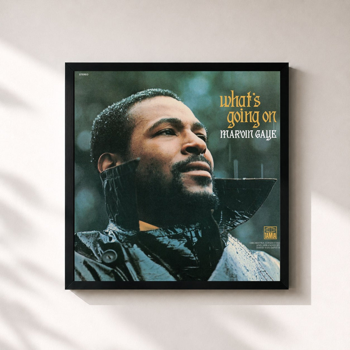 #noir Tableau carré de l'album What's Going On de Marvin Gaye, cadre noir 32x32 cm