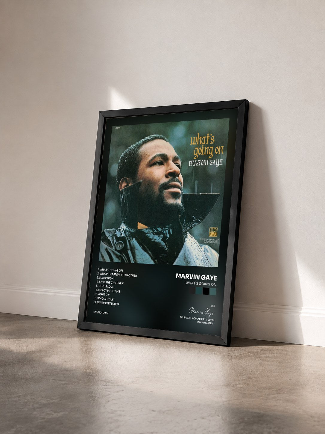 #noir Tableau de l'album What's Going On de Marvin Gaye vu de trois quarts, cadre noir