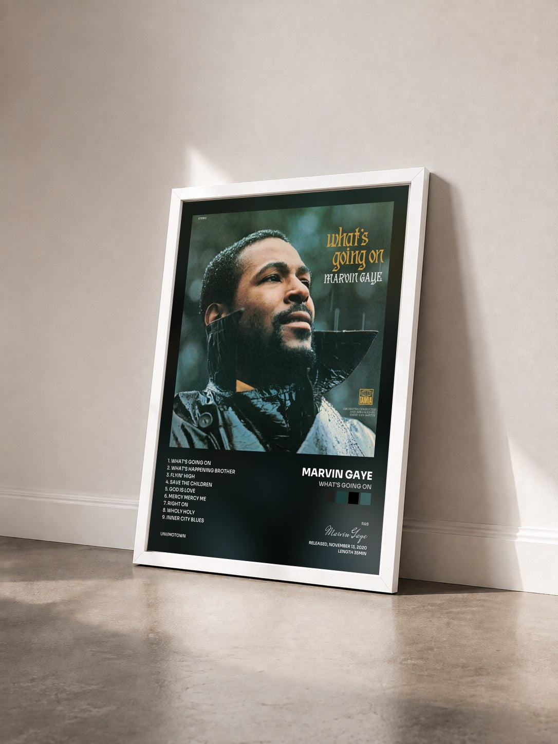 #blanc Tableau de l'album What's Going On de Marvin Gaye vu de trois quarts, cadre blanc