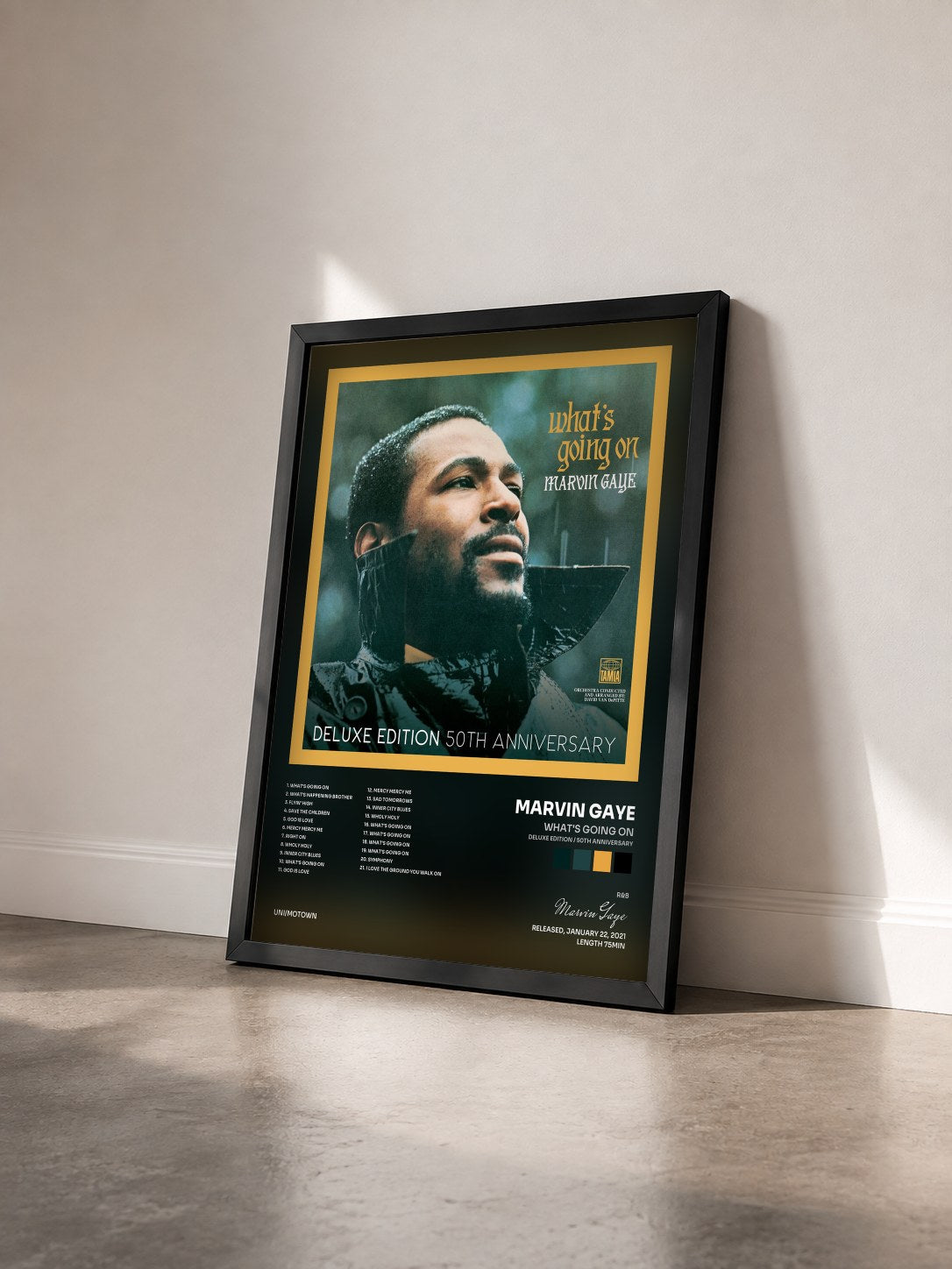 #noir Tableau de l'album What's Going On (Deluxe Edition / 50th Anniversary) de Marvin Gaye vu de trois quarts, cadre noir