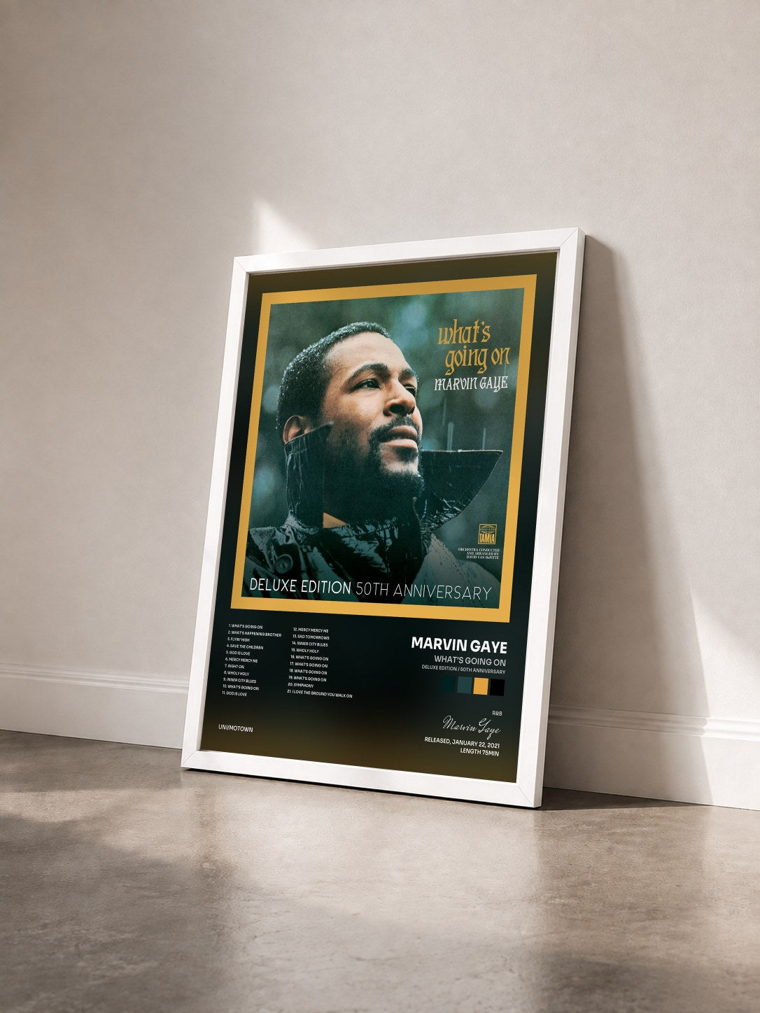 #blanc Tableau de l'album What's Going On (Deluxe Edition / 50th Anniversary) de Marvin Gaye vu de trois quarts, cadre blanc