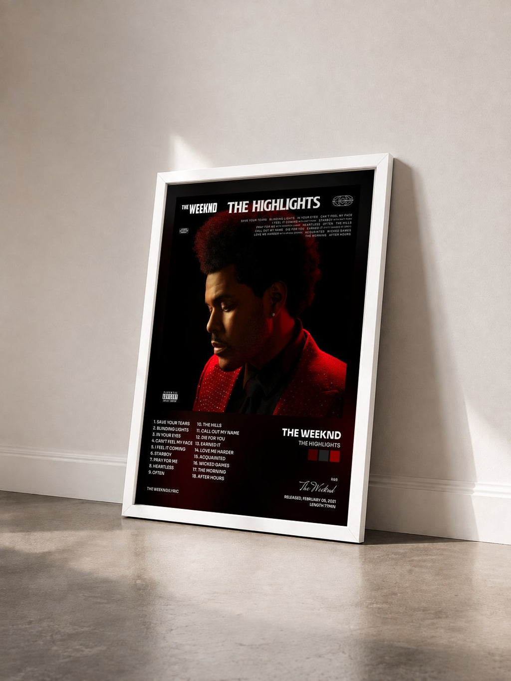 #blanc Tableau de l'album The Highlights de The Weeknd vu de trois quarts, cadre blanc