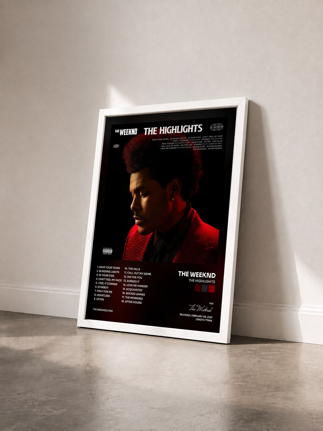 #blanc The Highlights by The Weeknd as a framed art print seen at an angle, white frame