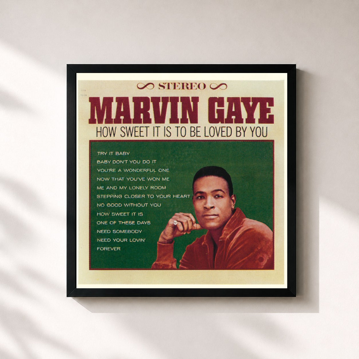 #noir Tableau carré de l'album How Sweet It Is To Be Loved By You de Marvin Gaye, cadre noir 32x32 cm