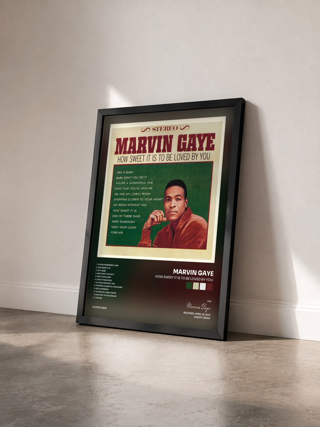 #noir Tableau de l'album How Sweet It Is To Be Loved By You de Marvin Gaye vu de trois quarts, cadre noir