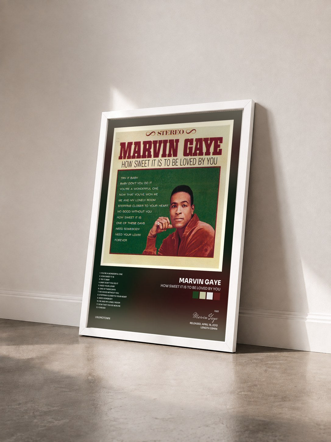 #blanc Tableau de l'album How Sweet It Is To Be Loved By You de Marvin Gaye vu de trois quarts, cadre blanc