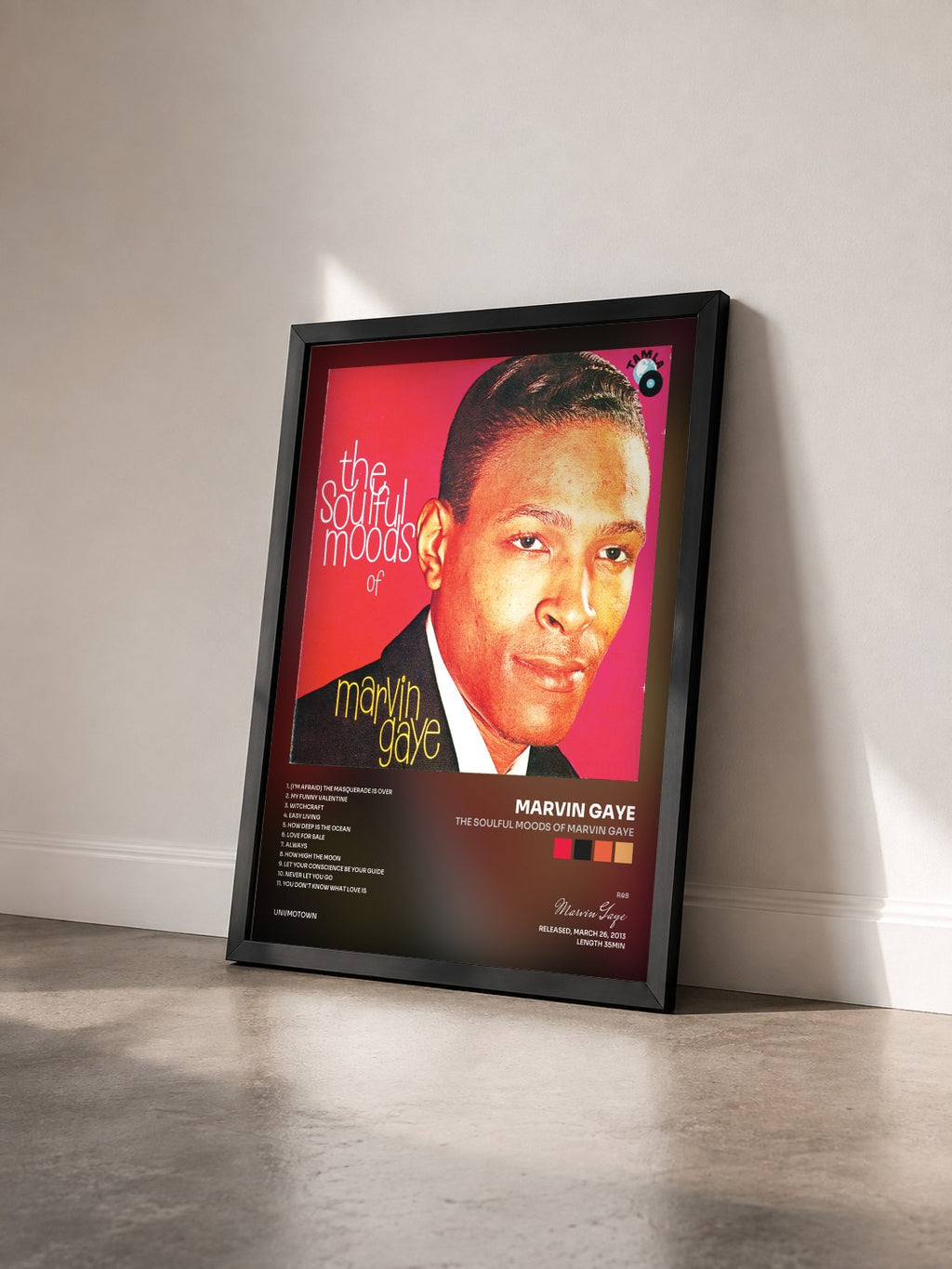 #noir Tableau de l'album The Soulful Moods Of Marvin Gaye de Marvin Gaye vu de trois quarts, cadre noir