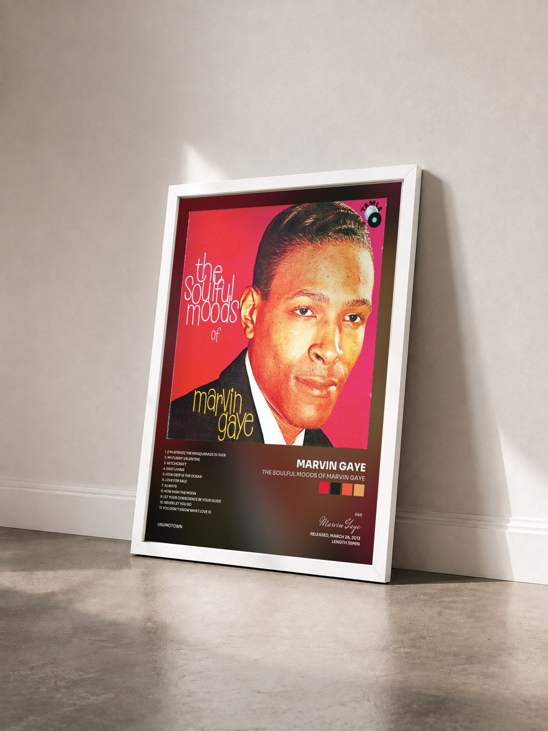 #blanc Tableau de l'album The Soulful Moods Of Marvin Gaye de Marvin Gaye vu de trois quarts, cadre blanc