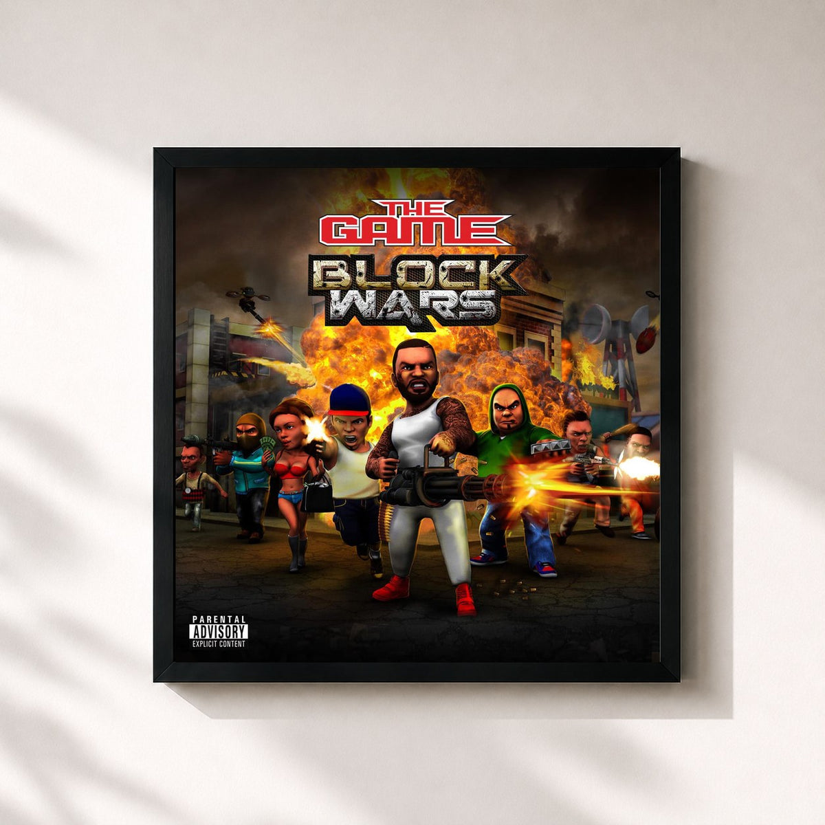 #noir Tableau carré de l'album Block Wars de The Game, cadre noir 32x32 cm
