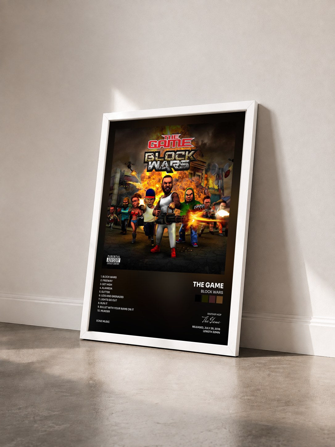 #blanc Tableau de l'album Block Wars de The Game vu de trois quarts, cadre blanc