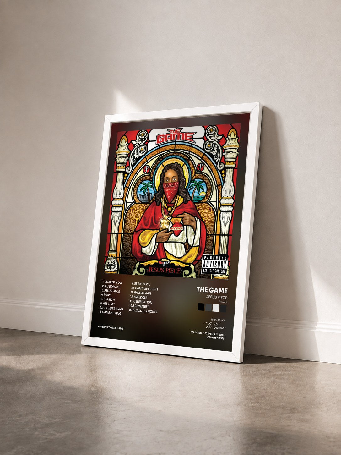 #blanc Tableau de l'album Jesus Piece (Deluxe) de The Game vu de trois quarts, cadre blanc