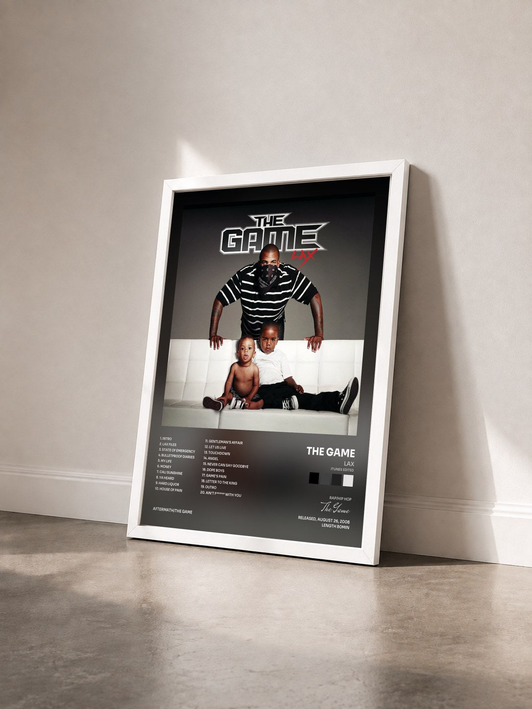 #blanc Tableau de l'album LAX (iTunes Edited) de The Game vu de trois quarts, cadre blanc