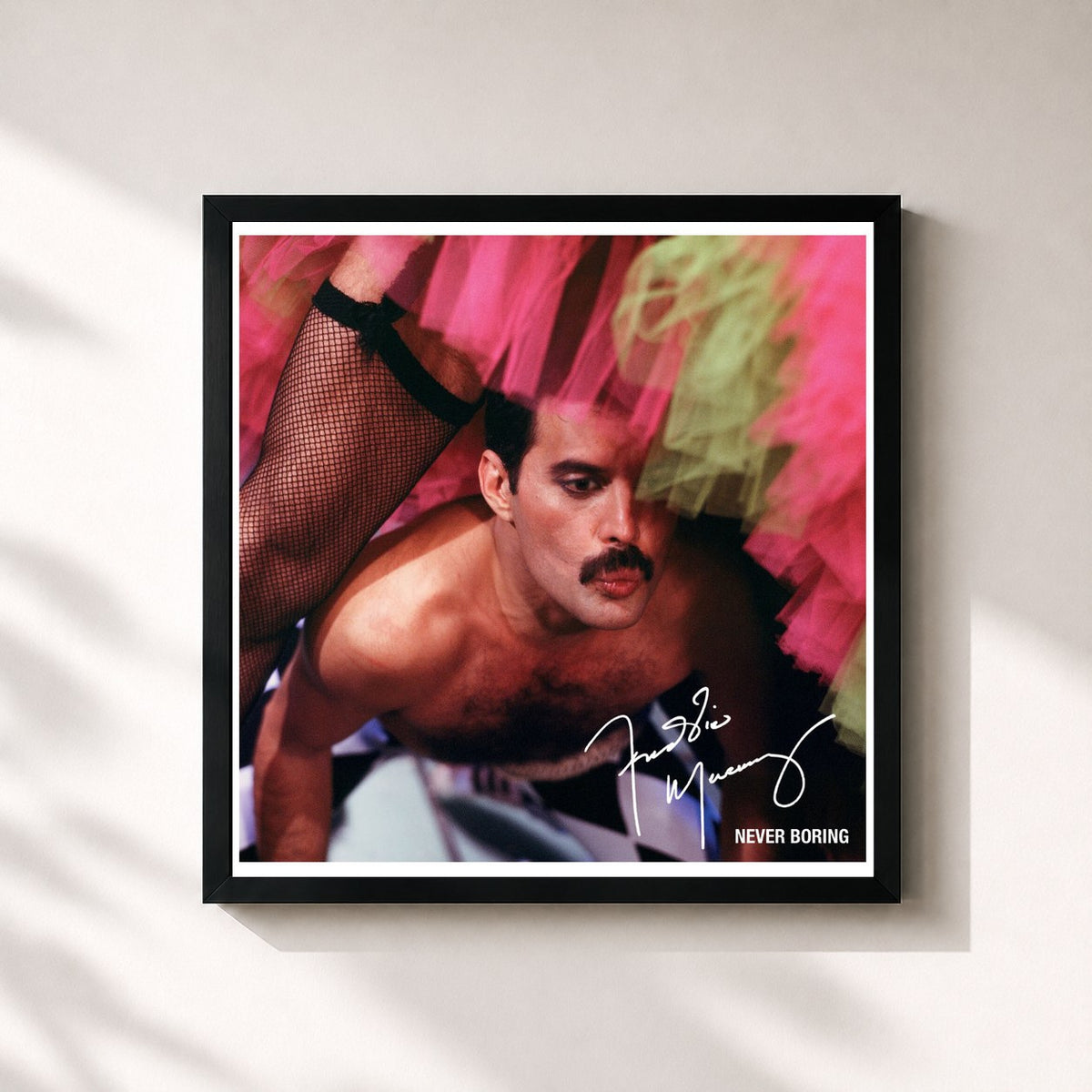 #noir Never Boring by Freddie Mercury as a square framed art print, black 32x32 cm frame