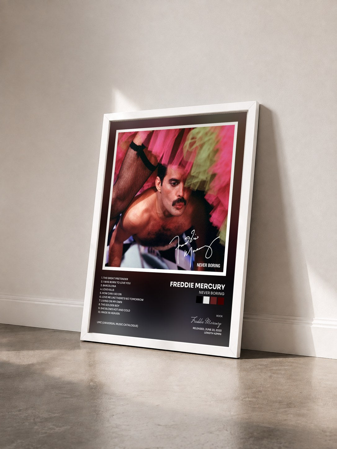 #blanc Never Boring by Freddie Mercury as a framed art print seen at an angle, white frame