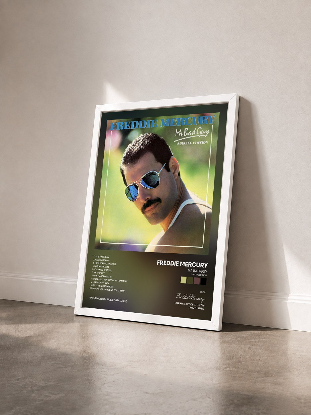 #blanc Mr Bad Guy (Special Edition) by Freddie Mercury as a framed art print seen at an angle, white frame