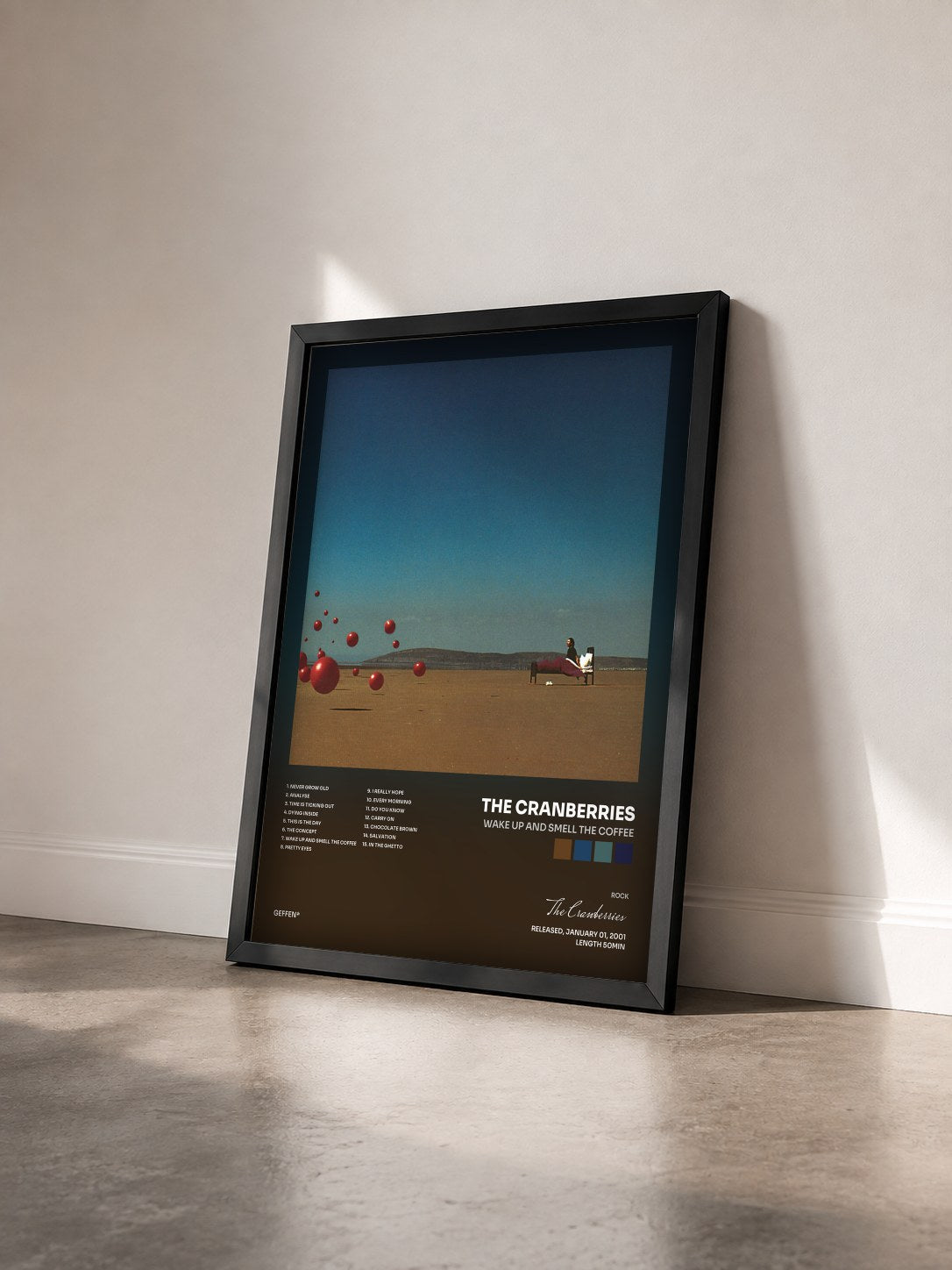 #noir Wake Up And Smell The Coffee by The Cranberries as a framed art print seen at an angle, black frame