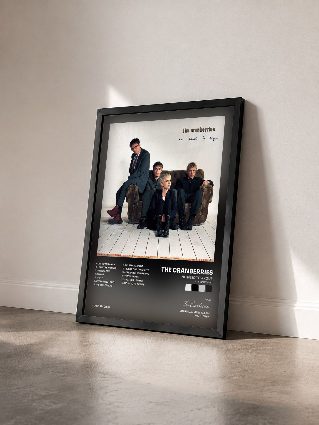 #noir No Need To Argue (2025 Remastered) by The Cranberries as a framed art print seen at an angle, black frame