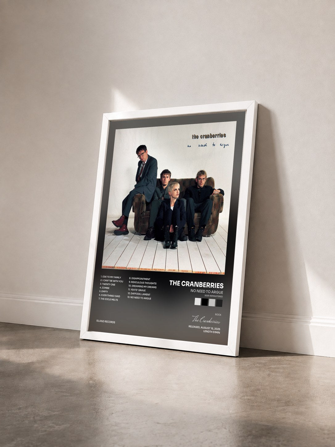 #blanc No Need To Argue (2025 Remastered) by The Cranberries as a framed art print seen at an angle, white frame