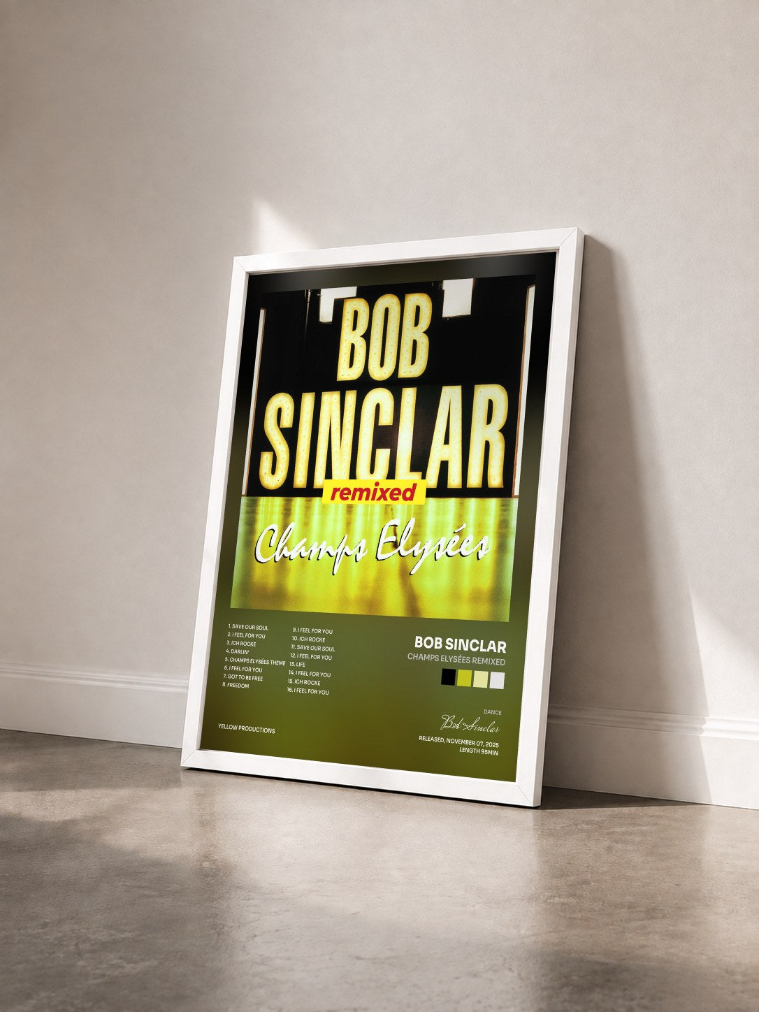 #blanc Tableau de l'album Champs Elysées Remixed de Bob Sinclar vu de trois quarts, cadre blanc