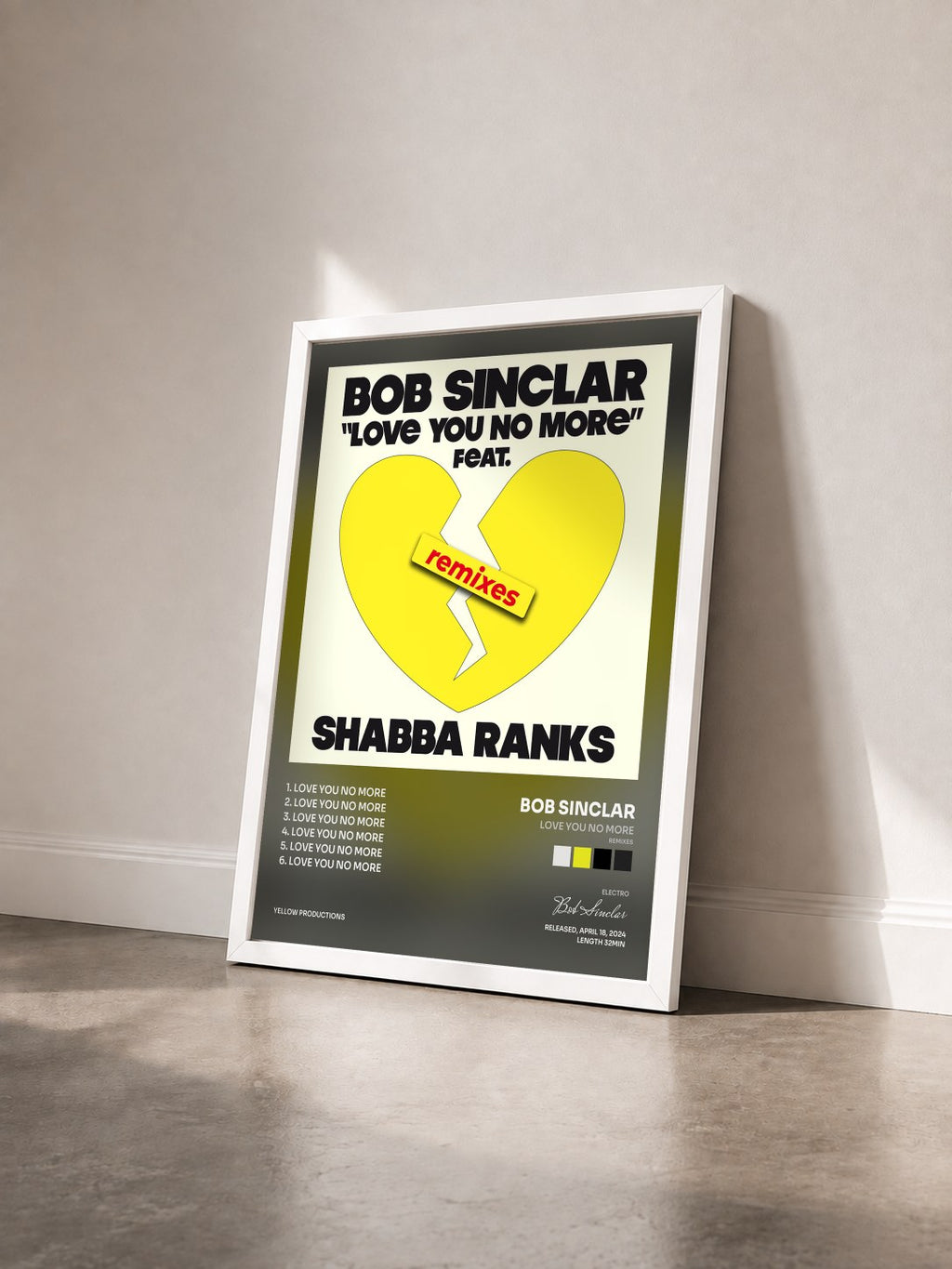 #blanc Love You No More (Remixes) di Bob Sinclar in stampa incorniciata vista di tre quarti, cornice bianca