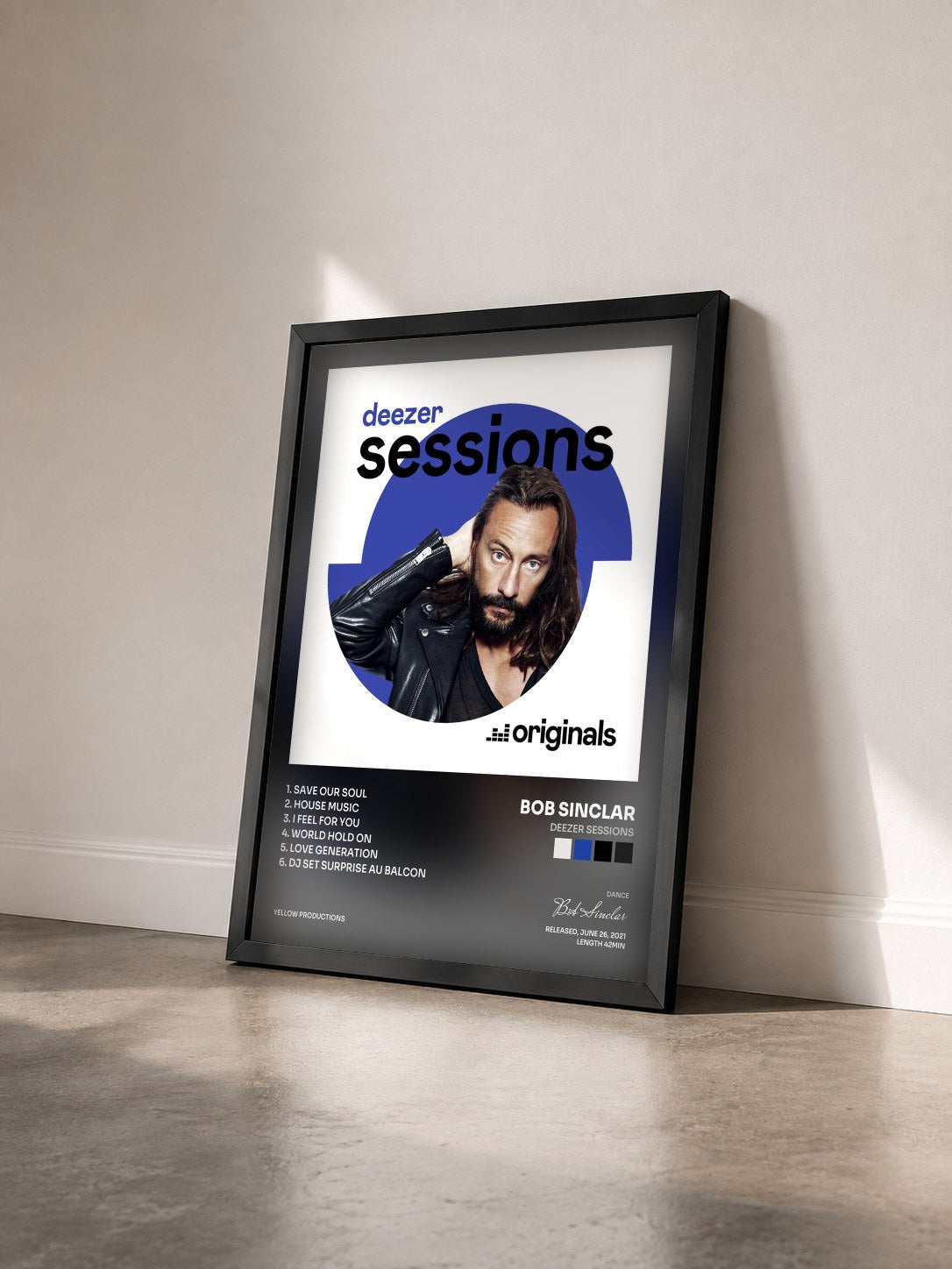 #noir Tableau de l'album Deezer Sessions de Bob Sinclar vu de trois quarts, cadre noir
