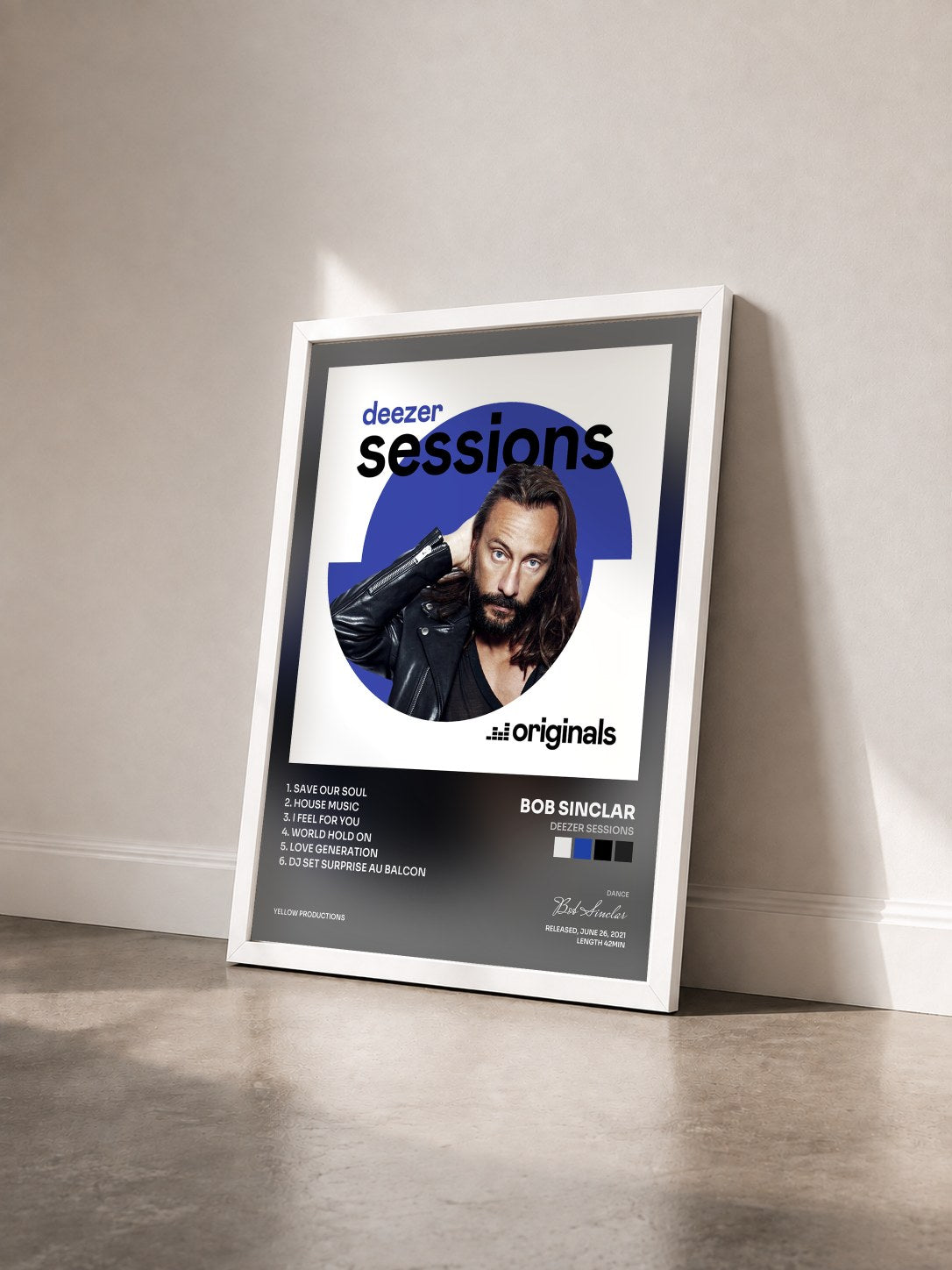 #blanc Tableau de l'album Deezer Sessions de Bob Sinclar vu de trois quarts, cadre blanc
