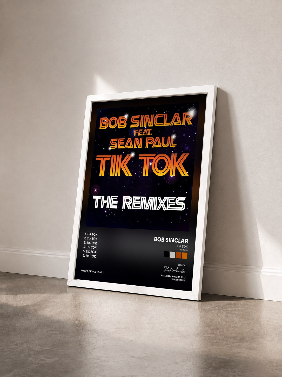 #blanc Tableau de l'album Tik Tok (Remixes) de Bob Sinclar vu de trois quarts, cadre blanc