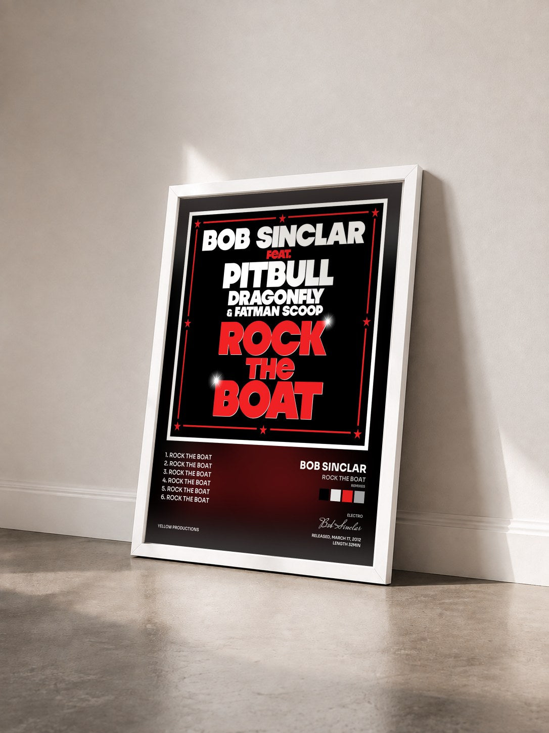 #blanc Tableau de l'album Rock the Boat (Remixes) de Bob Sinclar vu de trois quarts, cadre blanc