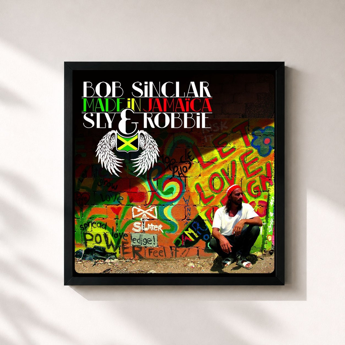 #noir Tableau carré de l'album Made in Jamaica de Bob Sinclar, cadre noir 32x32 cm