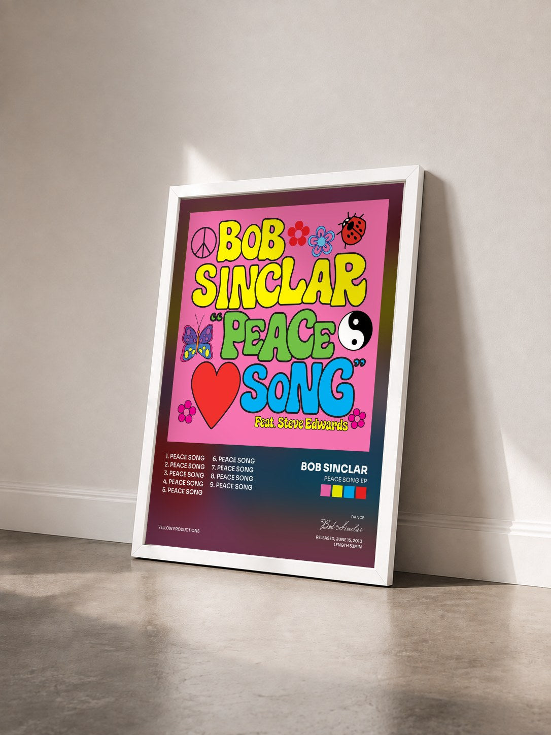 #blanc Tableau de l'album Peace Song EP de Bob Sinclar vu de trois quarts, cadre blanc