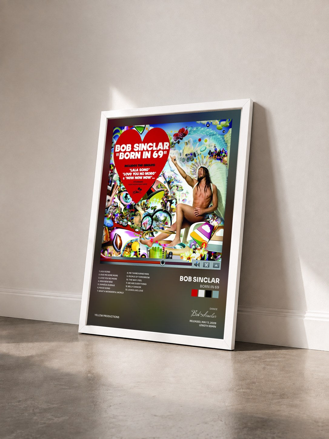 #blanc Tableau de l'album Born in 69 de Bob Sinclar vu de trois quarts, cadre blanc