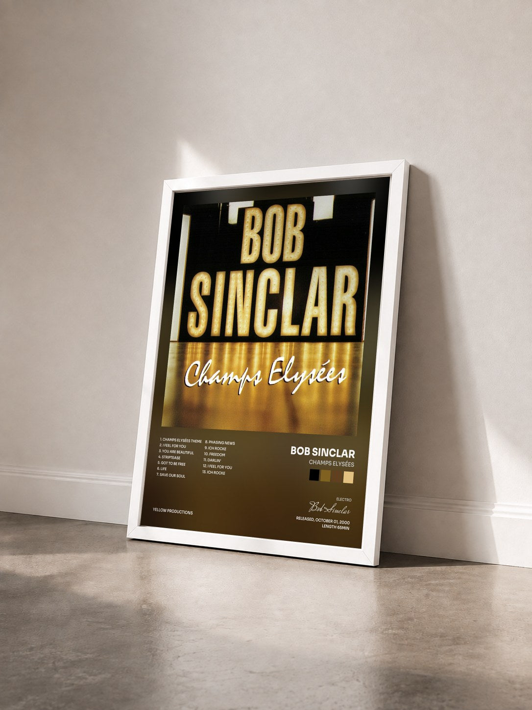#blanc Tableau de l'album Champs Elysées de Bob Sinclar vu de trois quarts, cadre blanc