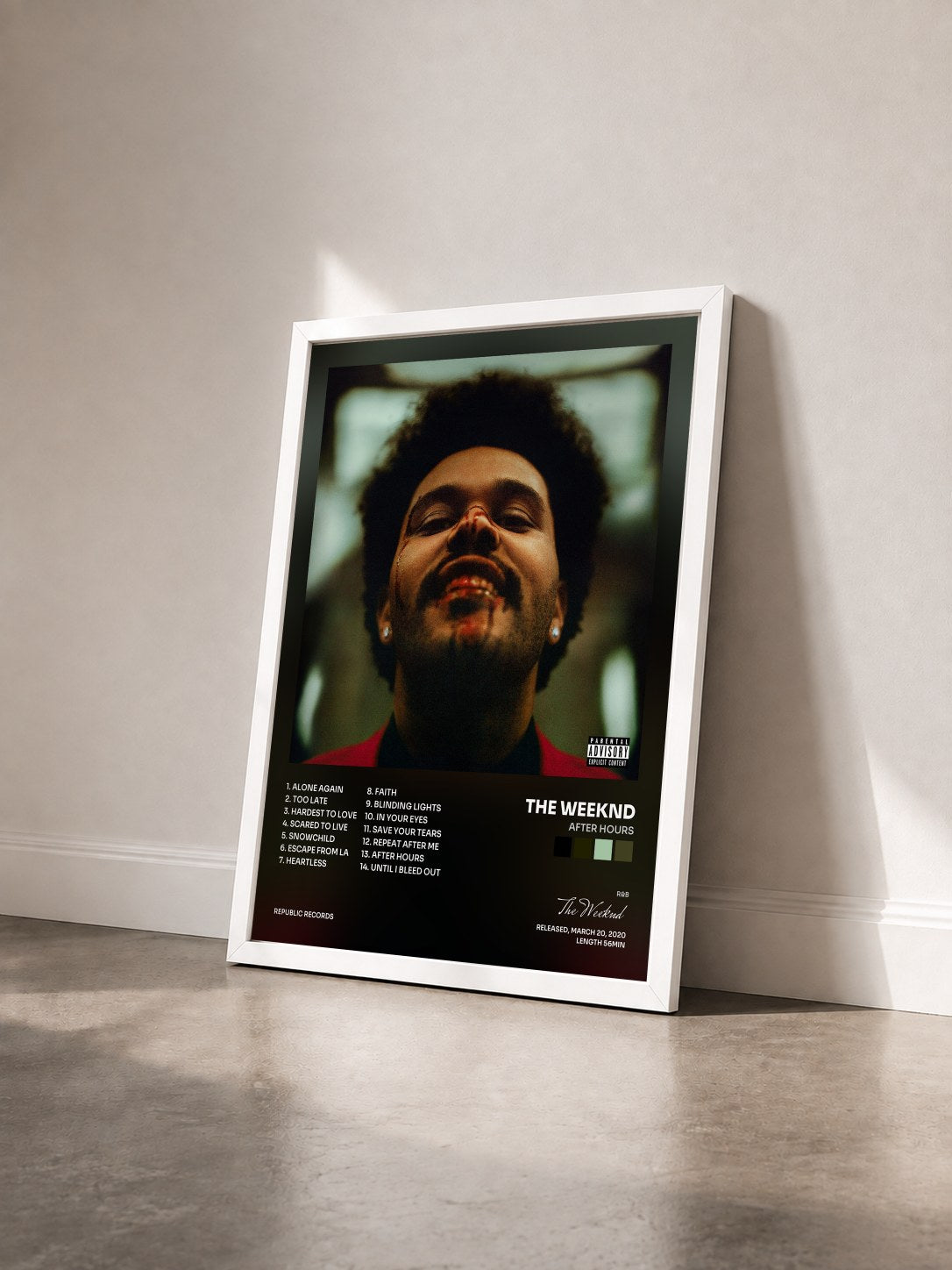 #blanc Tableau de l'album After Hours de The Weeknd vu de trois quarts, cadre blanc