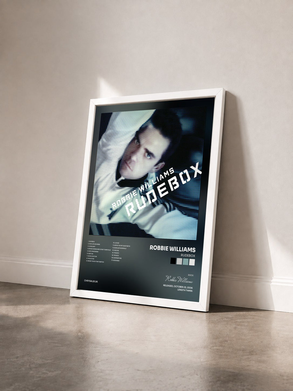 #blanc Rudebox by Robbie Williams as a framed art print seen at an angle, white frame